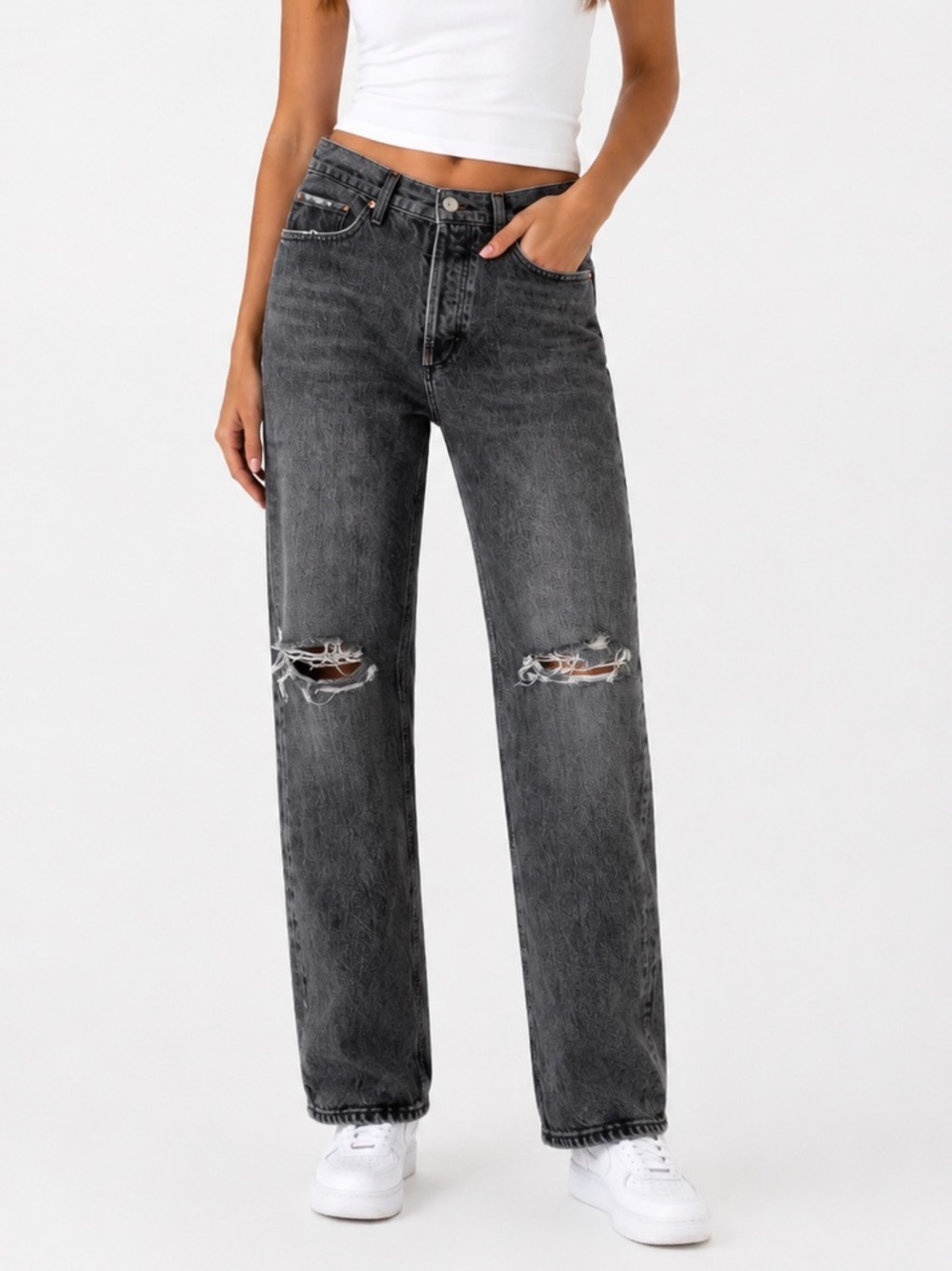 372. Agolde Black Wash Straight Leg Jeans with Knee Rips